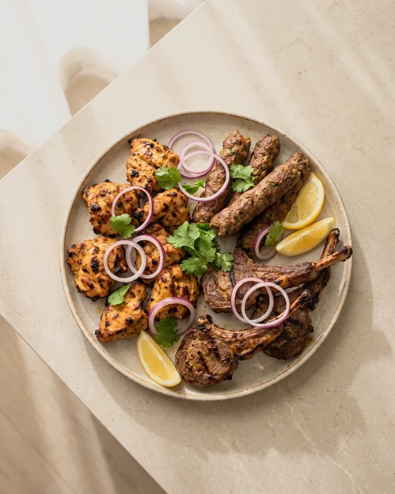 Grilled chicken, seekh kababs and mutton chops with onions and lemon