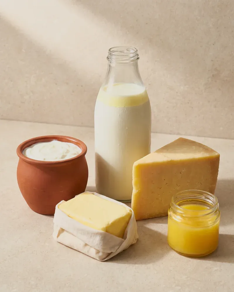 Milk, yogurt in a clay pot, butter, cheese and ghee