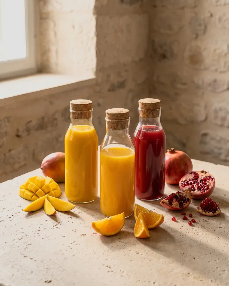 Bottles of mango, orange and pomegranate juice with cut fruit