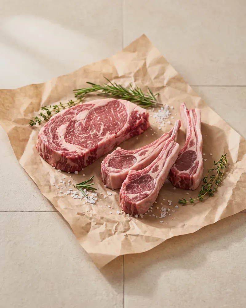 Raw mutton chops and a beef steak on butcher paper