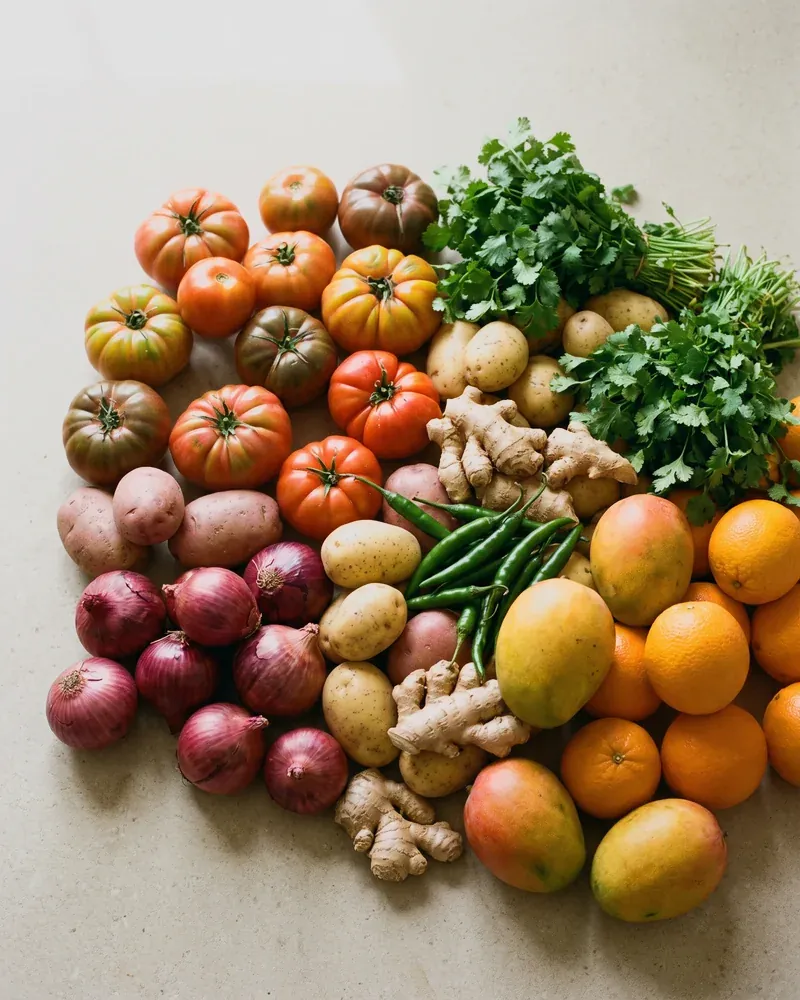 Tomatoes, onions, potatoes, ginger, chillies, coriander, mangoes and oranges